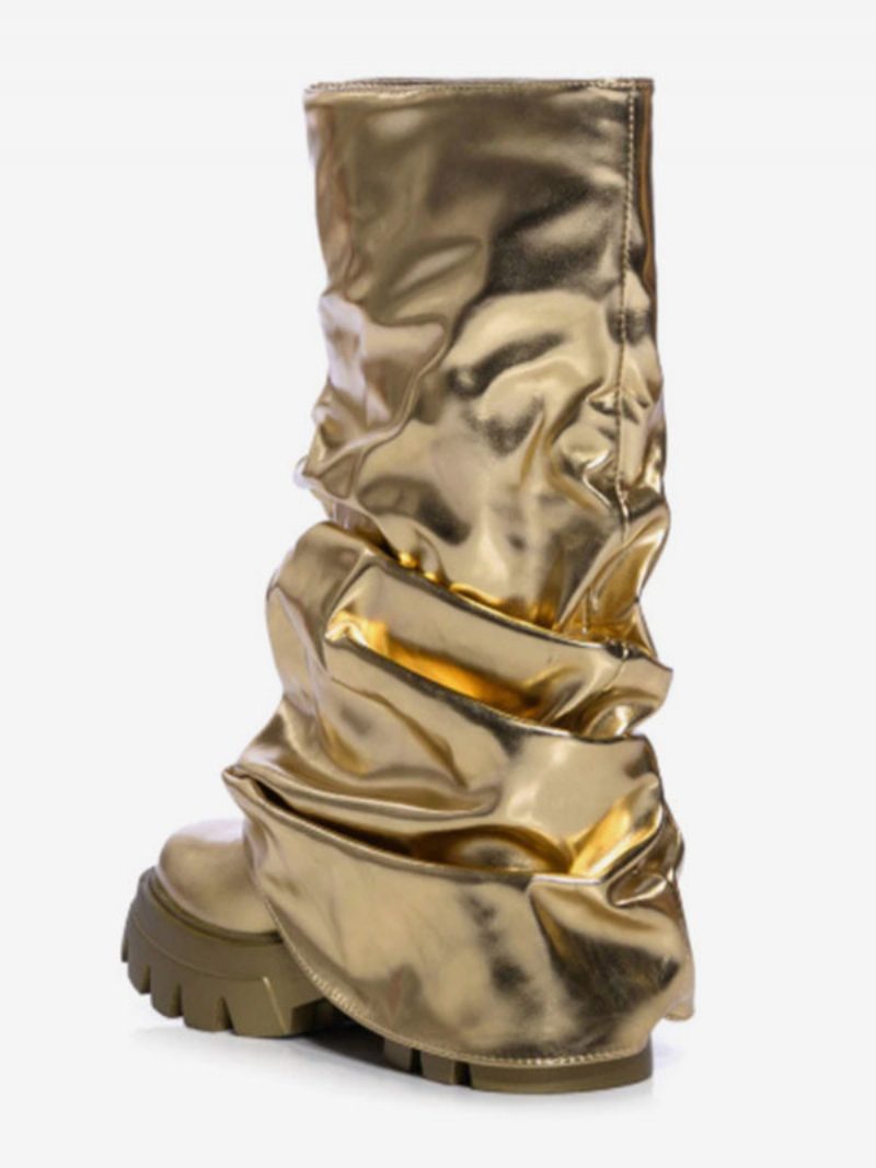 Silberne Slouch-stiefel Für Damen Mit Runder Zehenpartie Und Flachen Stiefeletten - Gold