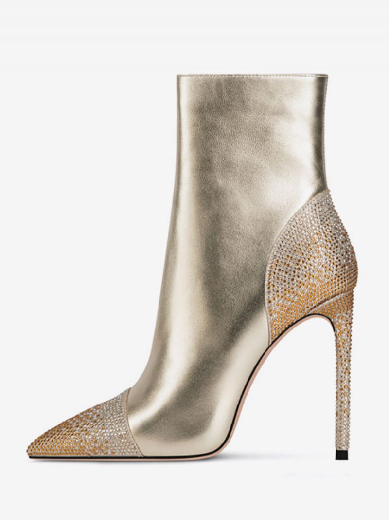 Silberne Stiefeletten Mit Strasssteinen Spitzer Zehenbereich Stiletto-absatz Für Damen - Gold