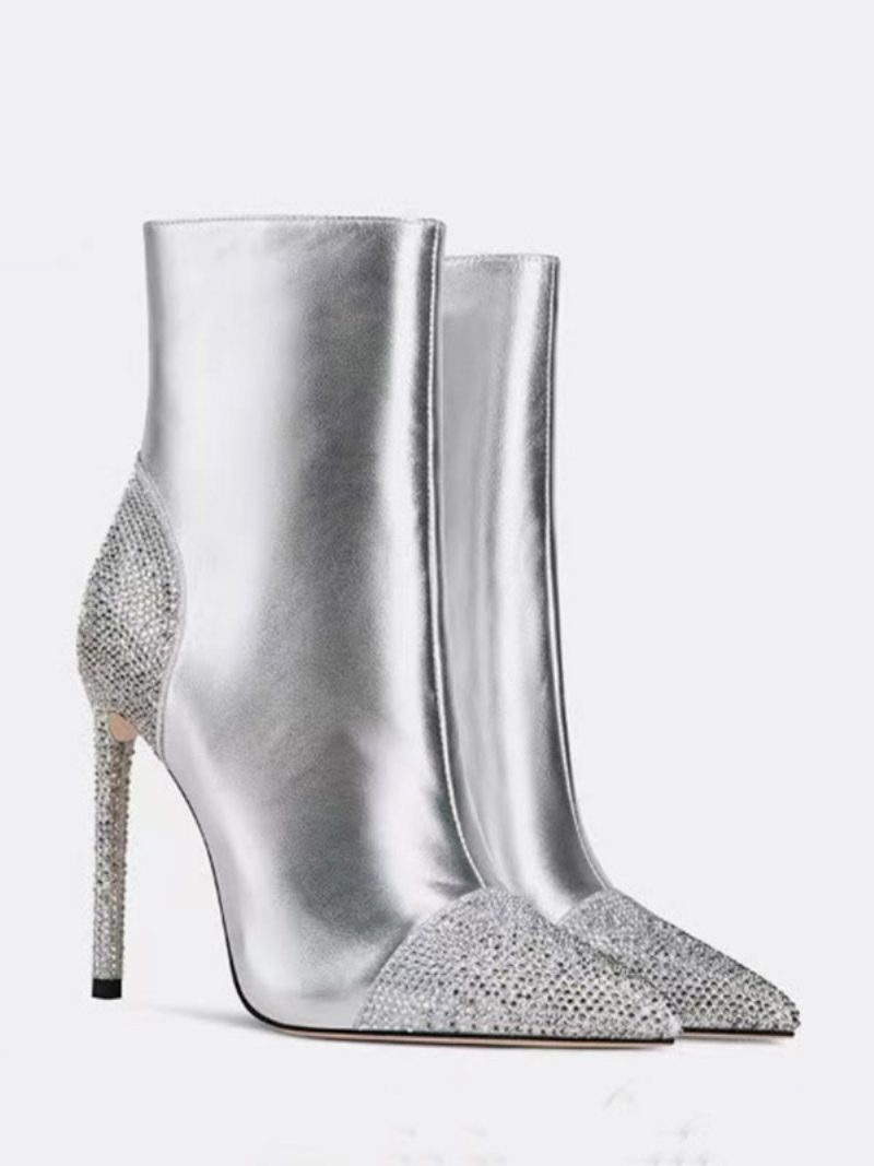 Silberne Stiefeletten Mit Strasssteinen Spitzer Zehenbereich Stiletto-absatz Für Damen - Silber