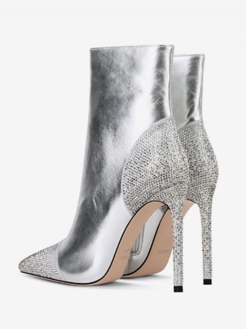 Silberne Stiefeletten Mit Strasssteinen Spitzer Zehenbereich Stiletto-absatz Für Damen - Silber