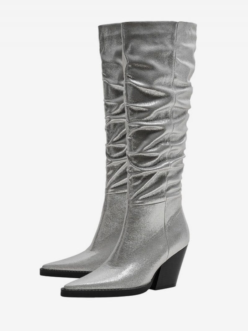 Silberne Westernstiefel Für Damen Metallisches Pu-leder Spitzer Zehenbereich Blockabsatz Mittelhohe Stiefel Slouch-stiefel - Silber