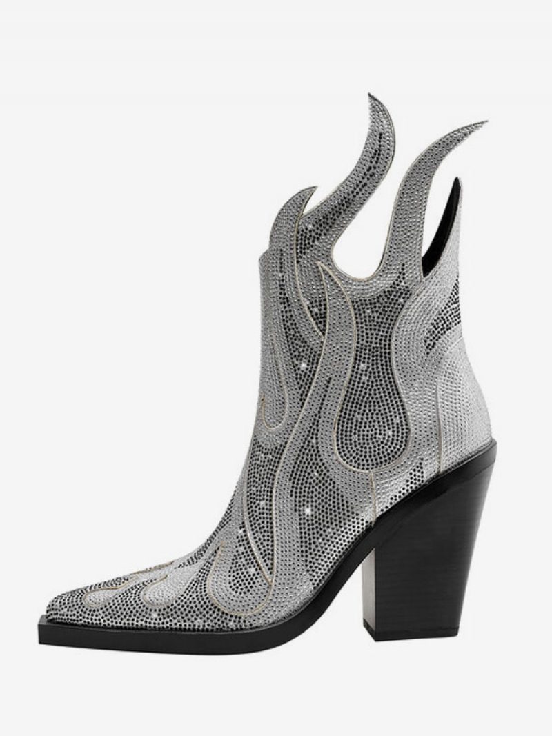 Silberne Westernstiefel Für Damen Mit Spitzer Zehenpartie Und Glitzerndem Blockabsatz