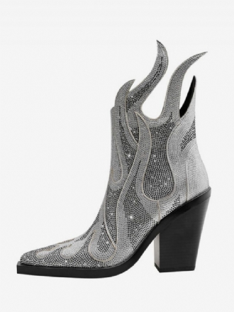 Silberne Westernstiefel Für Damen Mit Spitzer Zehenpartie Und Glitzerndem Blockabsatz