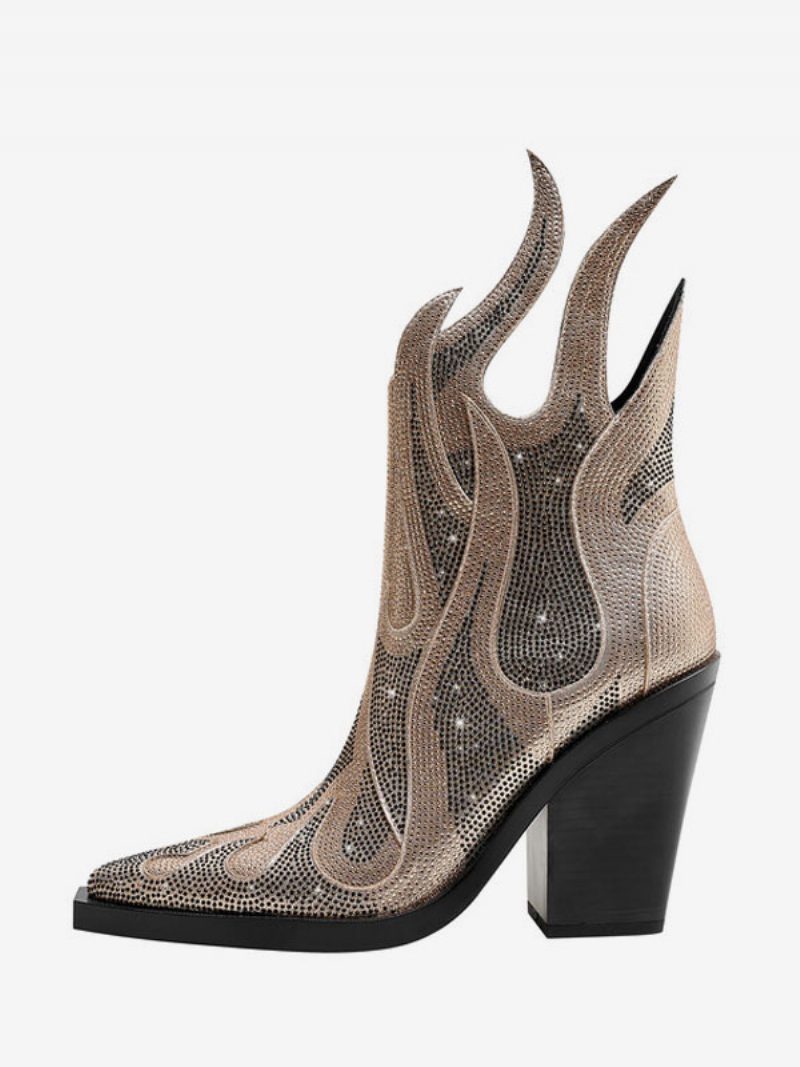 Silberne Westernstiefel Für Damen Mit Spitzer Zehenpartie Und Glitzerndem Blockabsatz - Gold