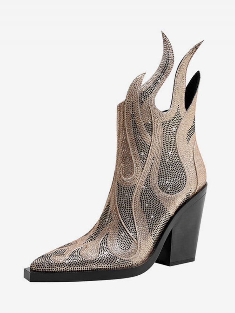 Silberne Westernstiefel Für Damen Mit Spitzer Zehenpartie Und Glitzerndem Blockabsatz - Gold