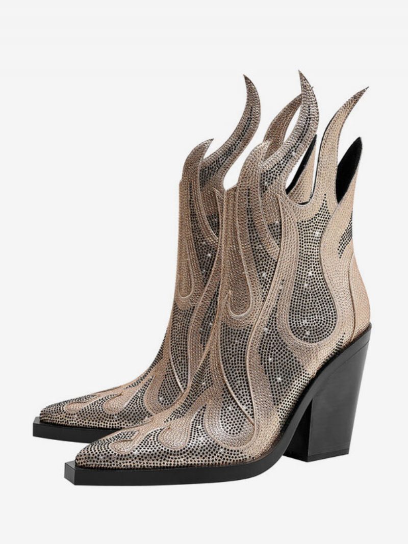 Silberne Westernstiefel Für Damen Mit Spitzer Zehenpartie Und Glitzerndem Blockabsatz - Gold