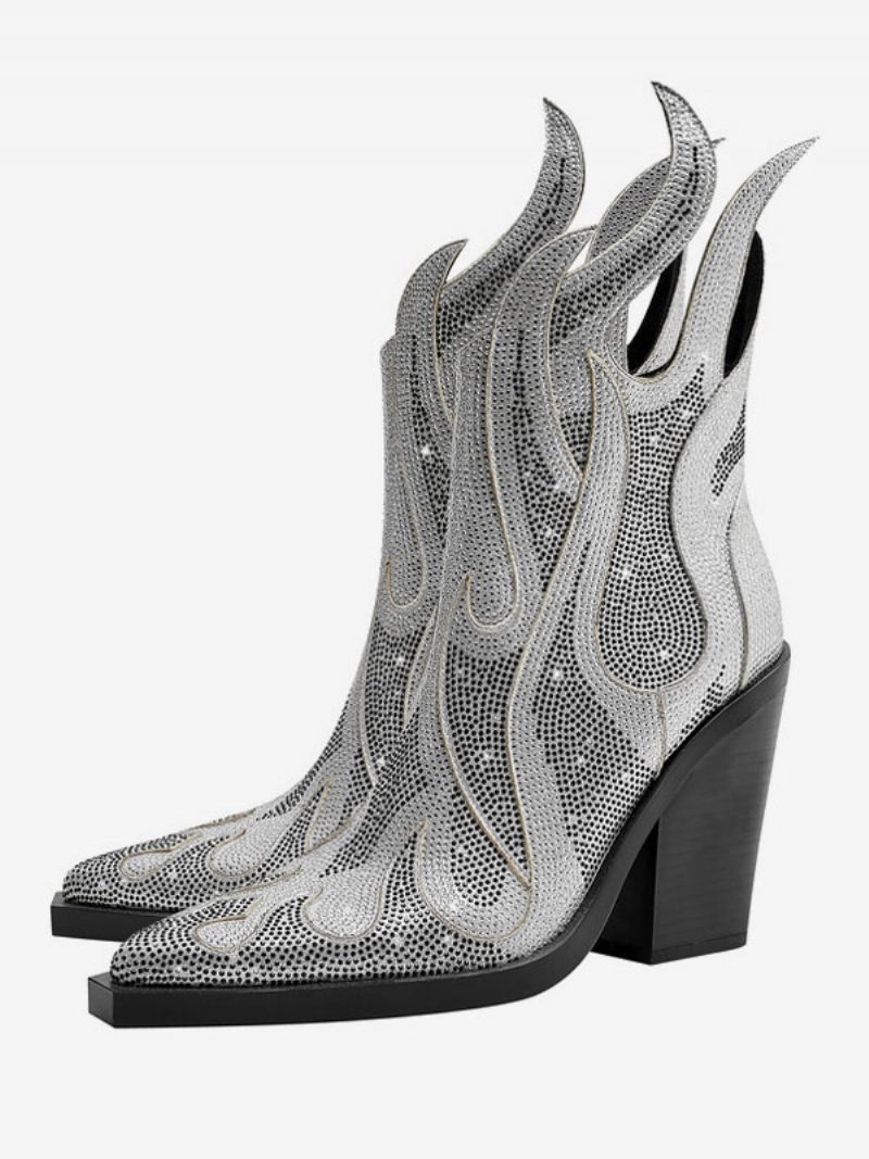 Silberne Westernstiefel Für Damen Mit Spitzer Zehenpartie Und Glitzerndem Blockabsatz - Silber