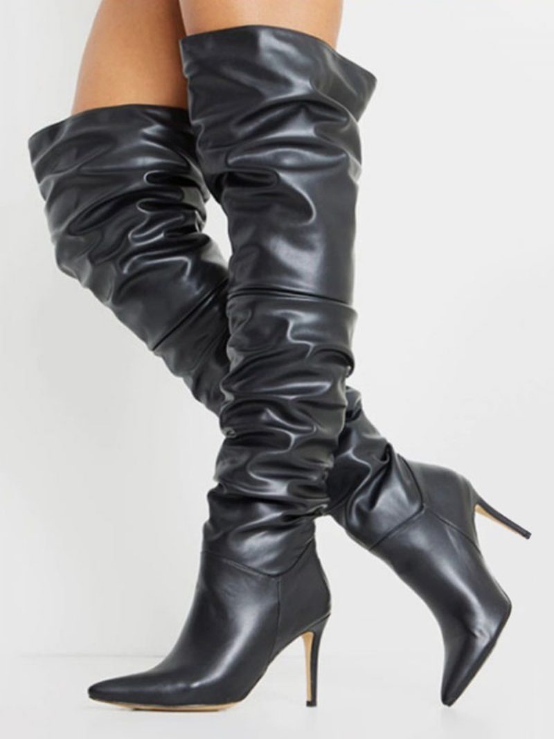 Slouch-oberschenkel-high-heel-stiefel Für Damen - Schwarz