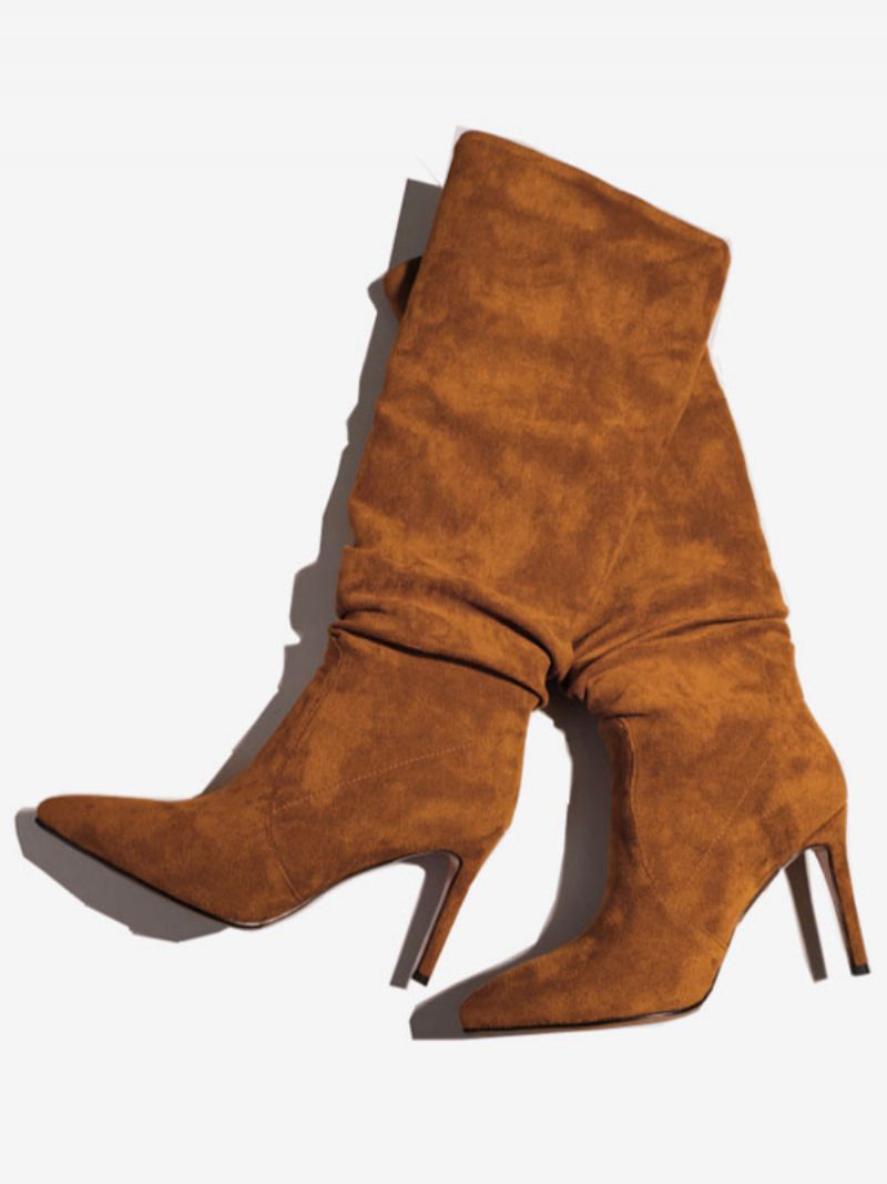 Slouch-stiefel Aus Wildleder Für Damen Braun Mit Spitzer Zehenpartie Mittelhohem Stiletto-absatz - Kaffeebraun