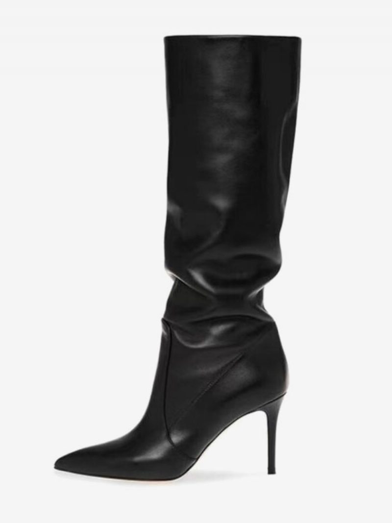 Slouch-stiefel Aus Wildleder Für Damen Braun Mit Spitzer Zehenpartie Mittelhohem Stiletto-absatz - Schwarz