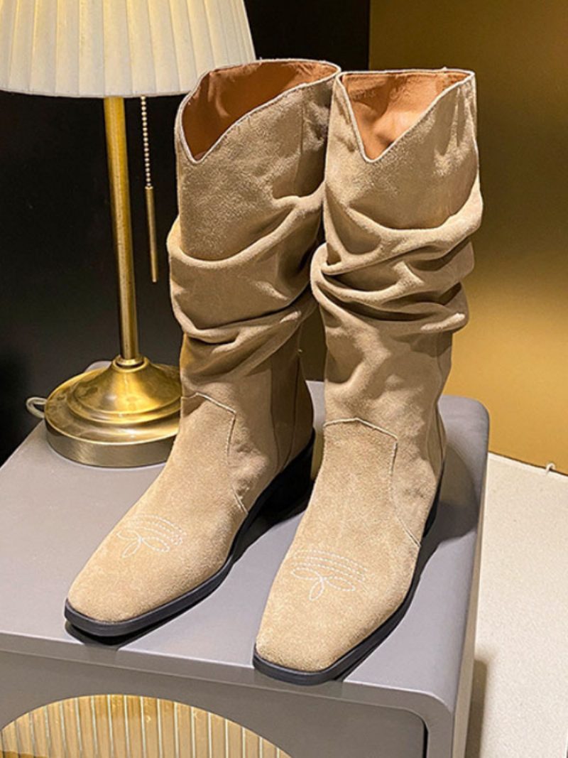 Slouch-stiefel Aus Wildleder Für Damen Mit Spitzer Zehenpartie Klobigem Absatz Und Halbhohen Stiefeln - Khaki