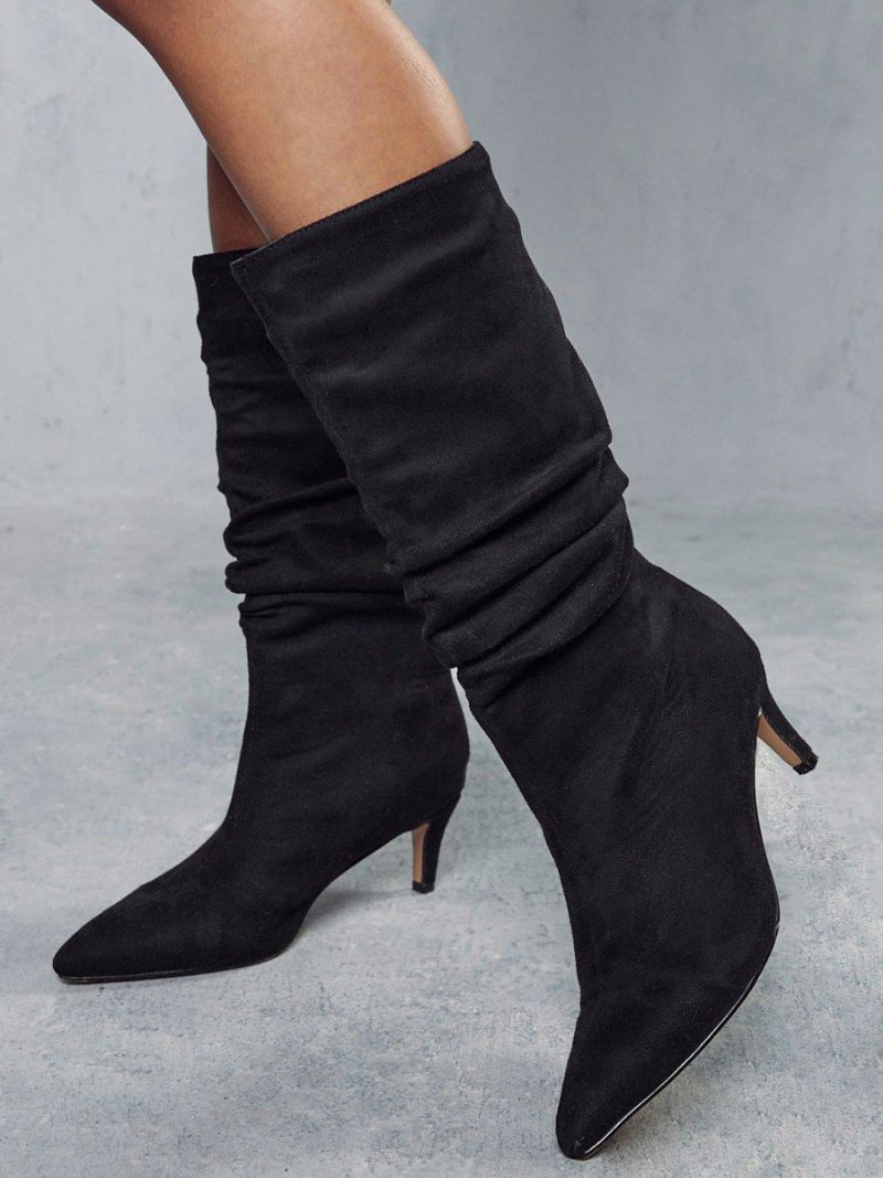 Slouchy Kitten-heel-stiefel Für Damen Mit Mittlerer Wade - Schwarz