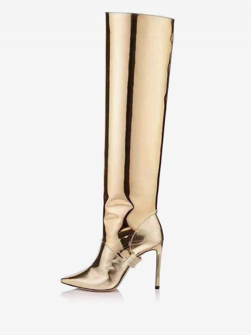 Umwandelbare Kniehohe Damenstiefel Gold Mit Metallic-spiegeleffekt Knielange Stiefel Aus Hellem Leder Für Den Abschlussball Und Party