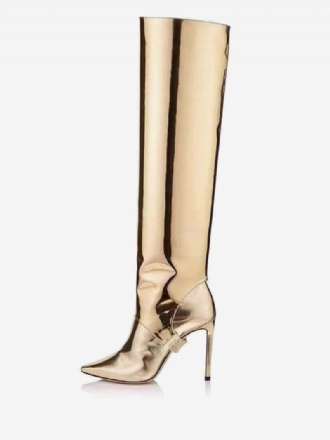 Umwandelbare Kniehohe Damenstiefel Gold Mit Metallic-spiegeleffekt Knielange Stiefel Aus Hellem Leder Für Den Abschlussball Und Party