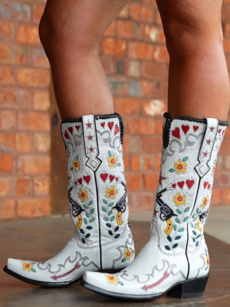 Weiße Cowboystiefel Für Damen Mit Spitzen Zehen Und Blumen Bestickten Westernstiefeln