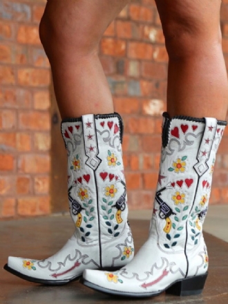 Weiße Cowboystiefel Für Damen Mit Spitzen Zehen Und Blumen Bestickten Westernstiefeln