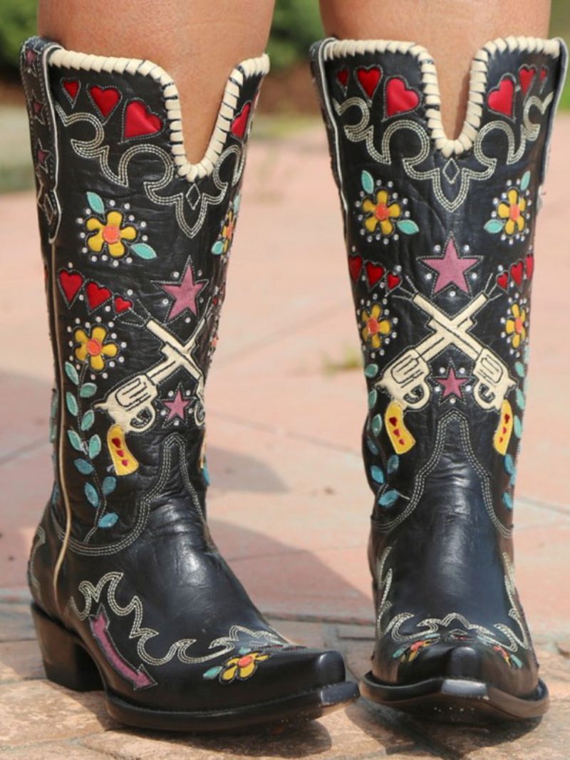 Weiße Cowboystiefel Für Damen Mit Spitzen Zehen Und Blumen Bestickten Westernstiefeln - Schwarz