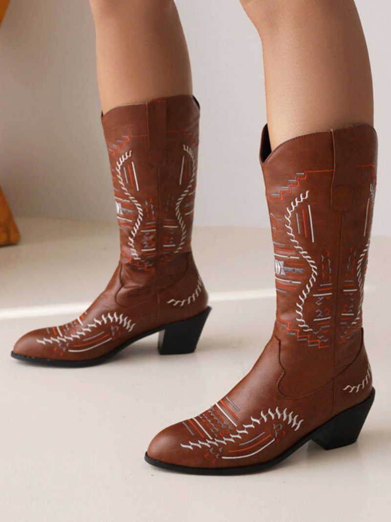 Weiße Damenstiefel Aus Pu-leder Mit Spitzem Zehenbereich Und Mittlerer Wade Cowboystiefel Cowgirl-hochzeitsschuhe - Tiefbraun