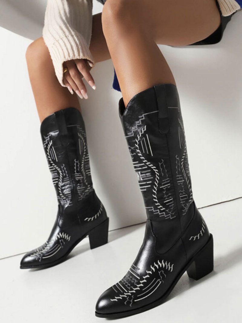 Weiße Damenstiefel Aus Pu-leder Mit Spitzem Zehenbereich Und Mittlerer Wade Cowboystiefel Cowgirl-hochzeitsschuhe - Schwarz