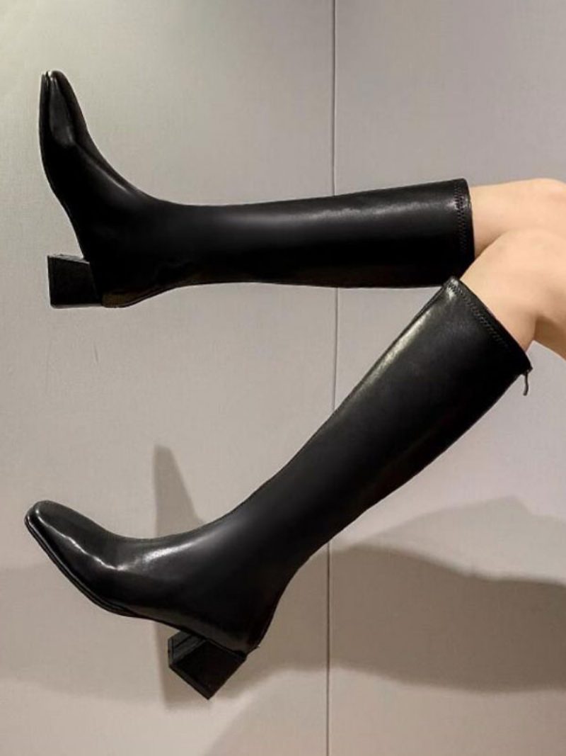 Weiße Kniehohe Stiefel Für Damen Mit Klobigem Absatz - Schwarz