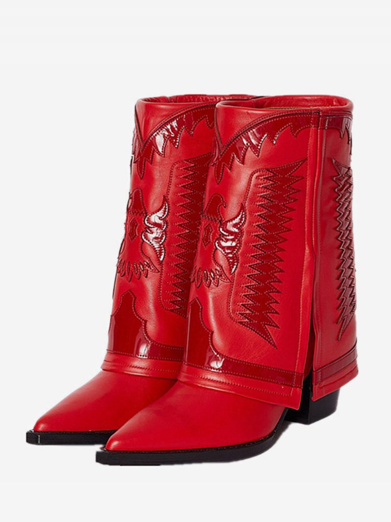 Weiße Westernstiefel Für Damen Spitze Zehenpartie Bestickte Flod-over-keilabsatz-stiefel Mit Mittlerer Wade - Rot