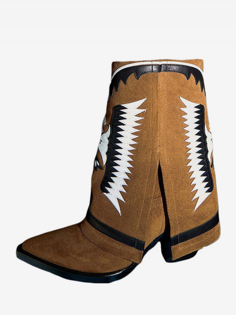 Weiße Westernstiefel Für Damen Spitze Zehenpartie Bestickte Flod-over-keilabsatz-stiefel Mit Mittlerer Wade - Kaffeebraun