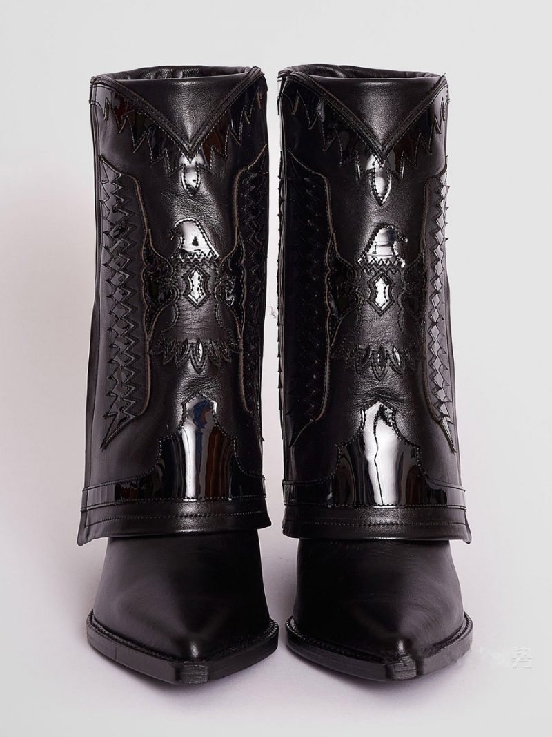 Weiße Westernstiefel Für Damen Spitze Zehenpartie Bestickte Flod-over-keilabsatz-stiefel Mit Mittlerer Wade - Schwarz