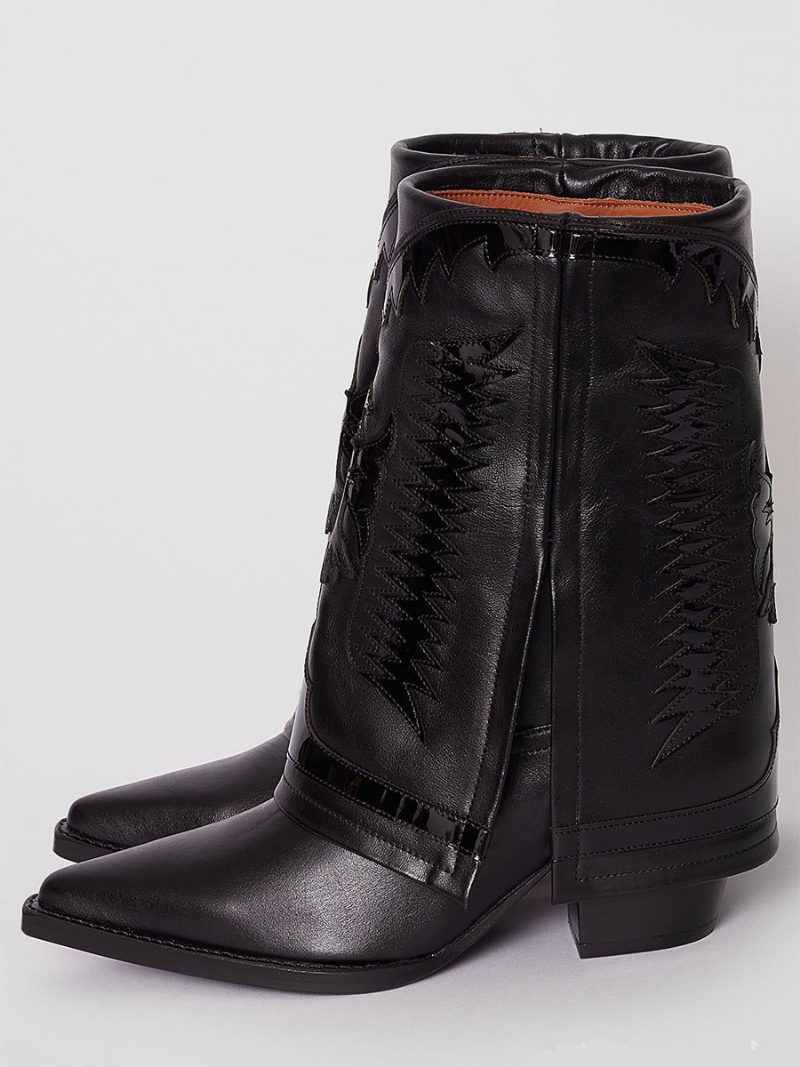 Weiße Westernstiefel Für Damen Spitze Zehenpartie Bestickte Flod-over-keilabsatz-stiefel Mit Mittlerer Wade - Schwarz