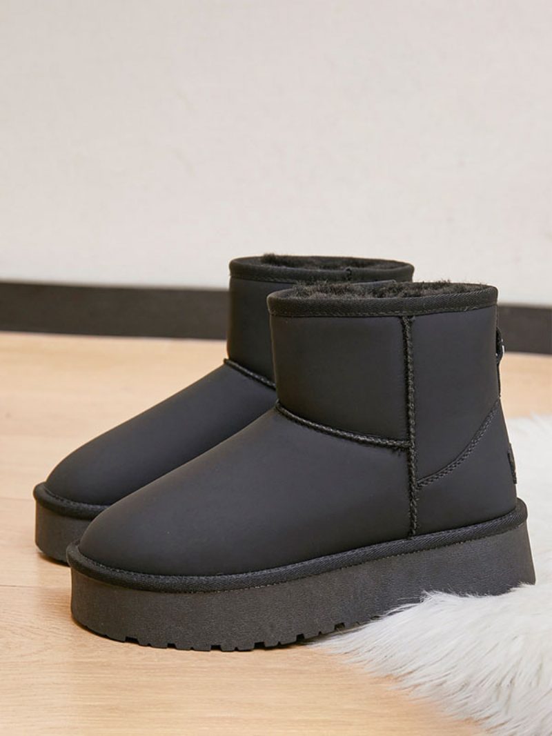 Weiße Winterstiefel Für Damen Pu-leder Runde Zehenpartie Damen-schneestiefel - Schwarz