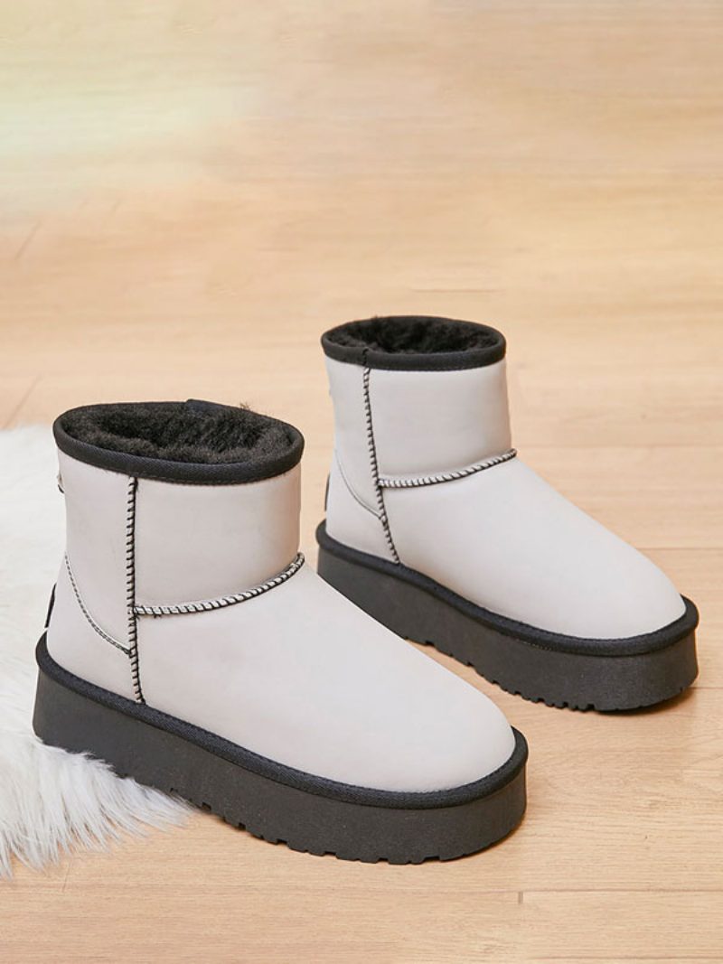 Weiße Winterstiefel Für Damen Pu-leder Runde Zehenpartie Damen-schneestiefel - Weiß