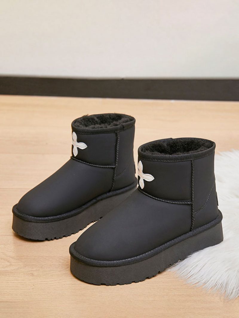 Weiße Winterstiefel Für Damen Pu-leder Runde Zehenpartie Damen-schneestiefel - Pu Schwarz