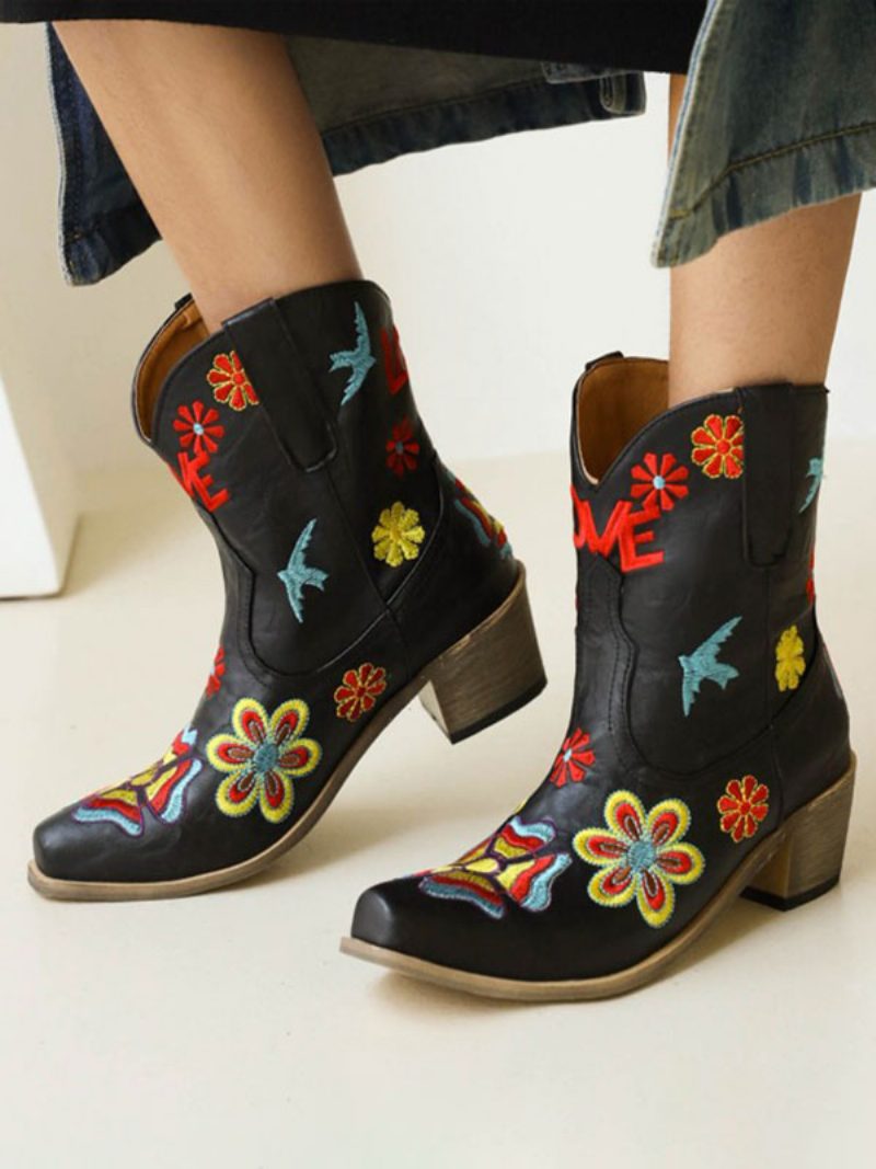 Westernstiefel Für Damen Spitze Zehen Blumen Bestickte Cowboystiefel