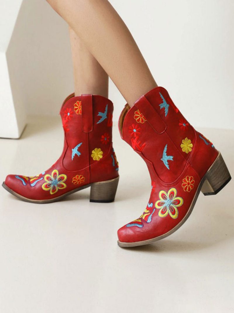 Westernstiefel Für Damen Spitze Zehen Blumen Bestickte Cowboystiefel - Burgund