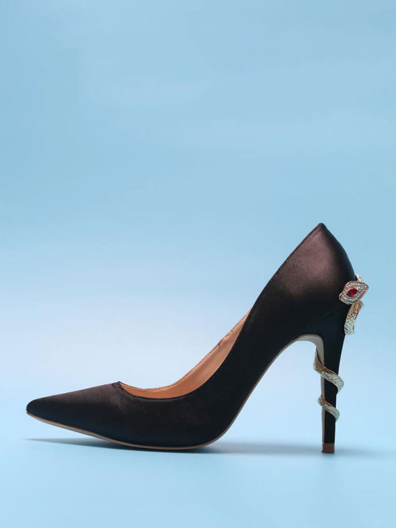 Damen-abendpumps Mit Schlangenabsatz Aus Satin - Schwarz