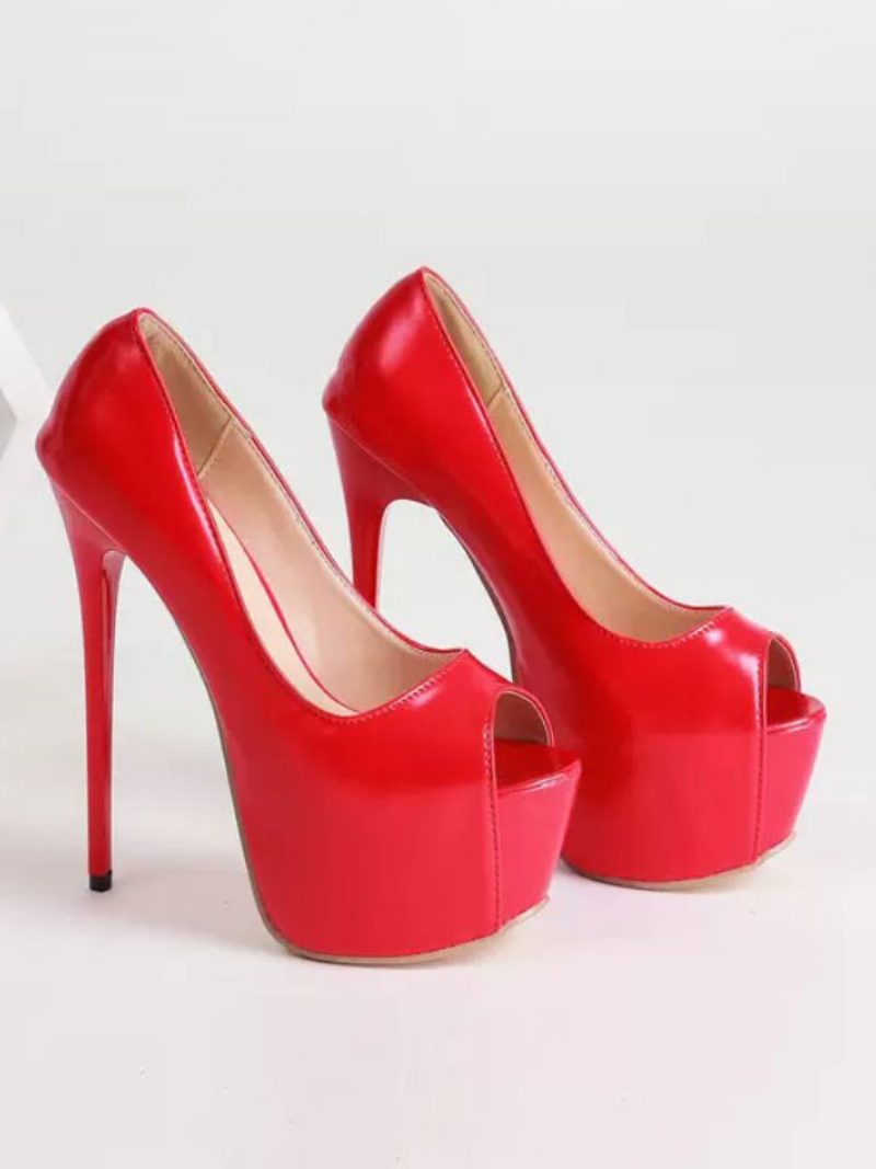 Damen High Heel Pumps Pu Leder Rot Peep Toe Party Schuhe Abendschuhe - Rot