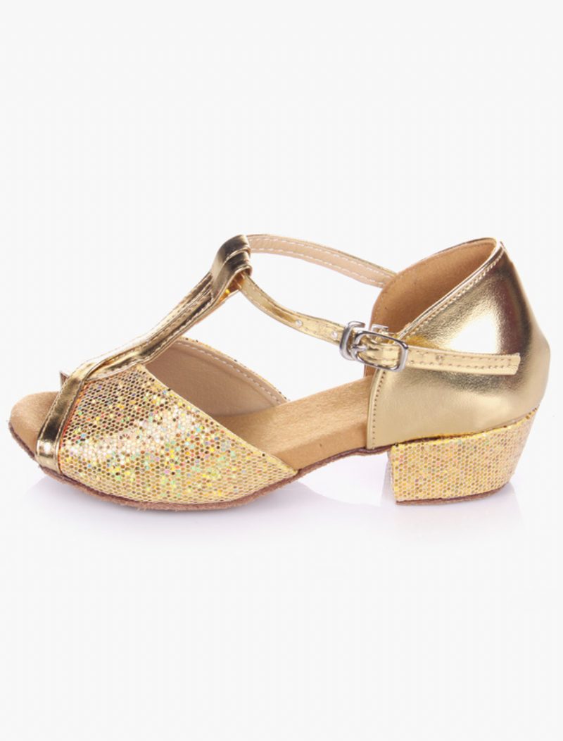 Damen-latein-tanzschuhe 2024. Blond Peep-toe T-typ Tanzschuhe Weiche Sohle Ballsaal-schuhe Für Kinder - Gold