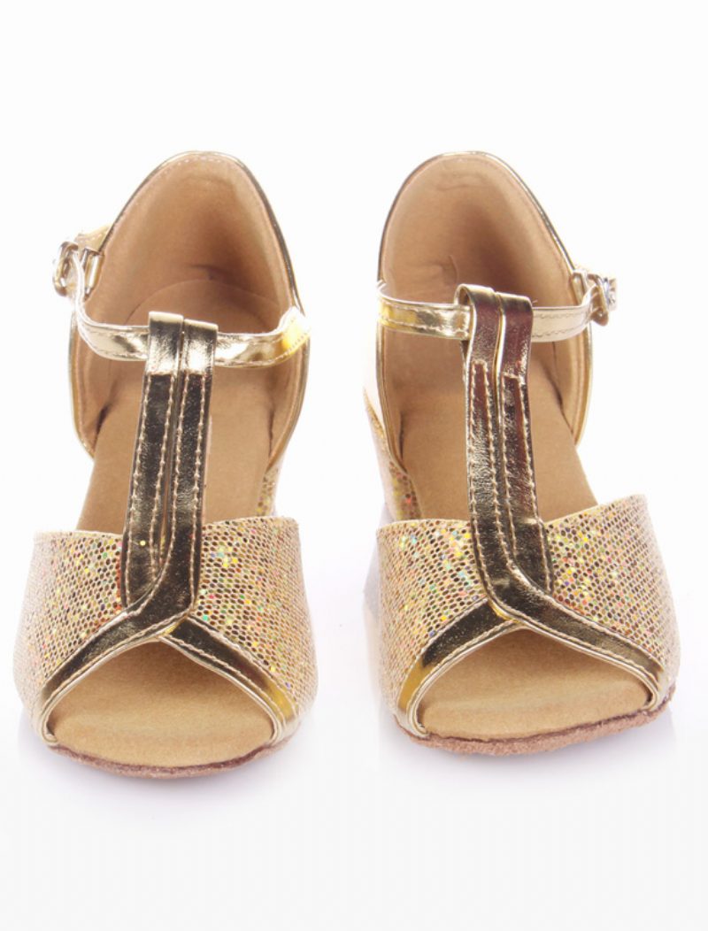 Damen-latein-tanzschuhe 2024. Blond Peep-toe T-typ Tanzschuhe Weiche Sohle Ballsaal-schuhe Für Kinder - Gold