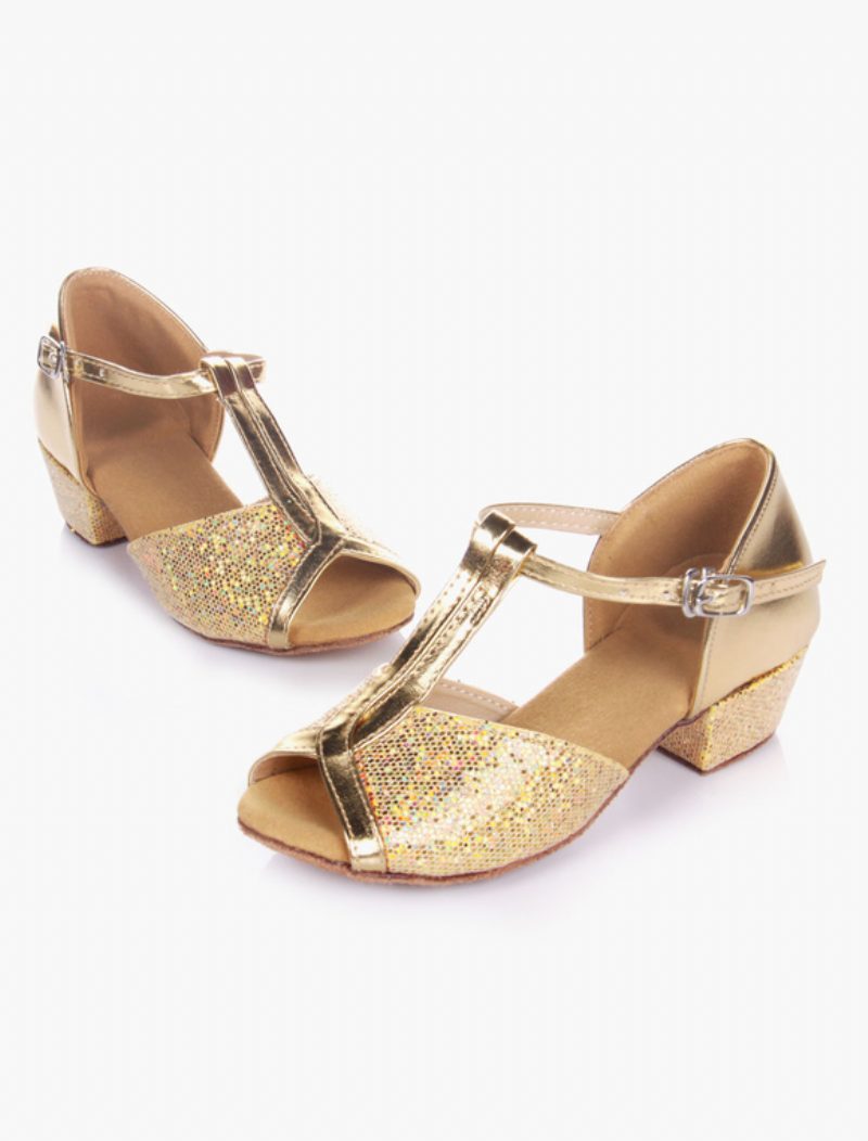 Damen-latein-tanzschuhe 2024. Blond Peep-toe T-typ Tanzschuhe Weiche Sohle Ballsaal-schuhe Für Kinder - Gold