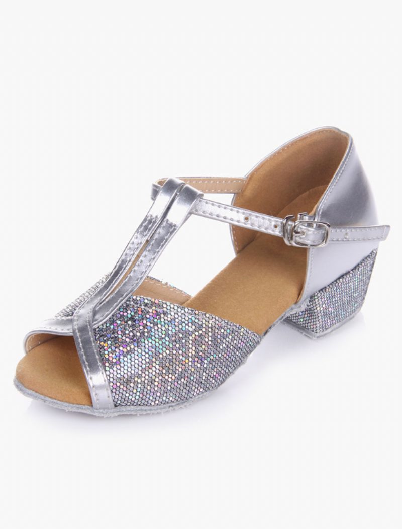 Damen-latein-tanzschuhe 2024. Blond Peep-toe T-typ Tanzschuhe Weiche Sohle Ballsaal-schuhe Für Kinder - Silber