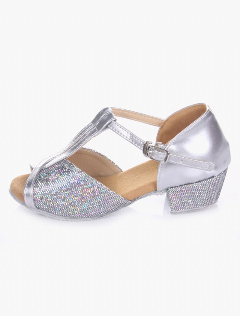 Damen-latein-tanzschuhe 2024. Blond Peep-toe T-typ Tanzschuhe Weiche Sohle Ballsaal-schuhe Für Kinder - Silber