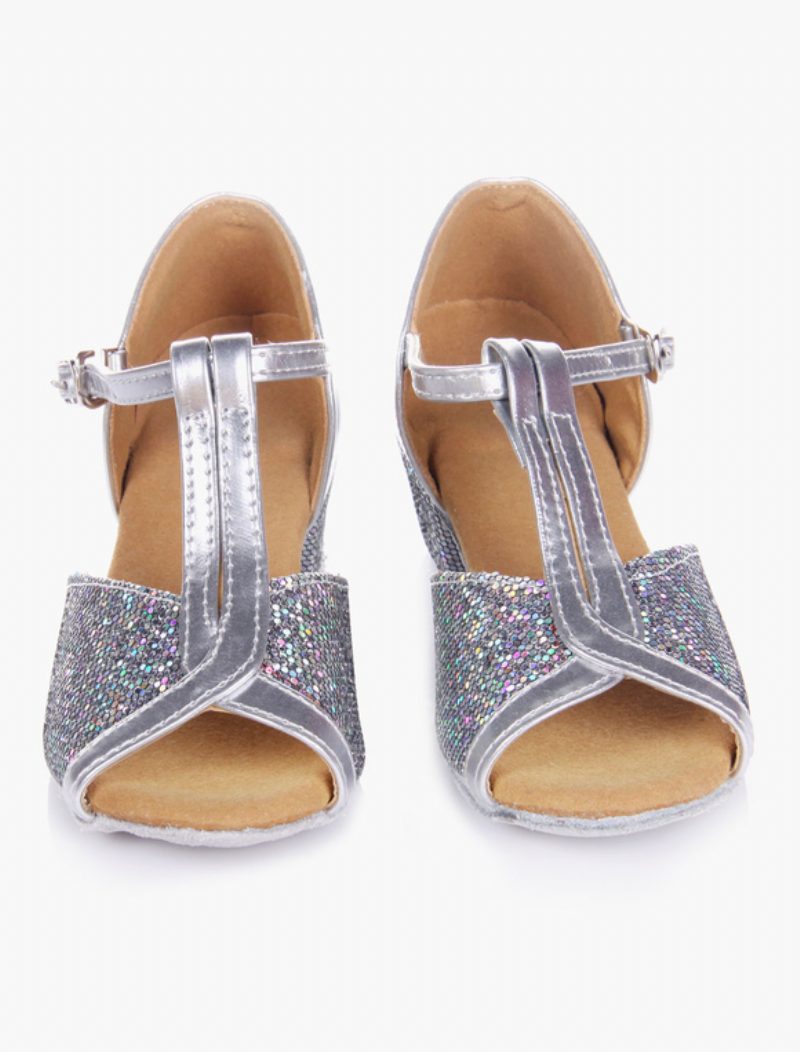 Damen-latein-tanzschuhe 2024. Blond Peep-toe T-typ Tanzschuhe Weiche Sohle Ballsaal-schuhe Für Kinder - Silber