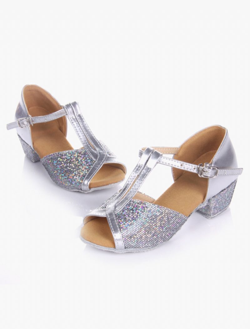 Damen-latein-tanzschuhe 2024. Blond Peep-toe T-typ Tanzschuhe Weiche Sohle Ballsaal-schuhe Für Kinder - Silber