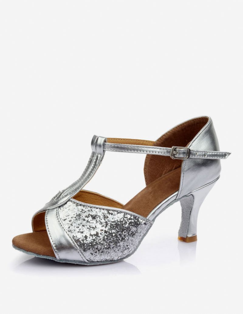 Damen-latein-tanzschuhe Glitzernd Offene Zehenpartie T-typ Tanzschuhe Goldene Ballsaal-schuhe - Silber