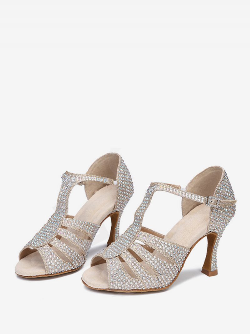 Damen-latein-tanzschuhe Pu-leder Rote Runde Zehenpartie Strass-tanzschuhe - Gold