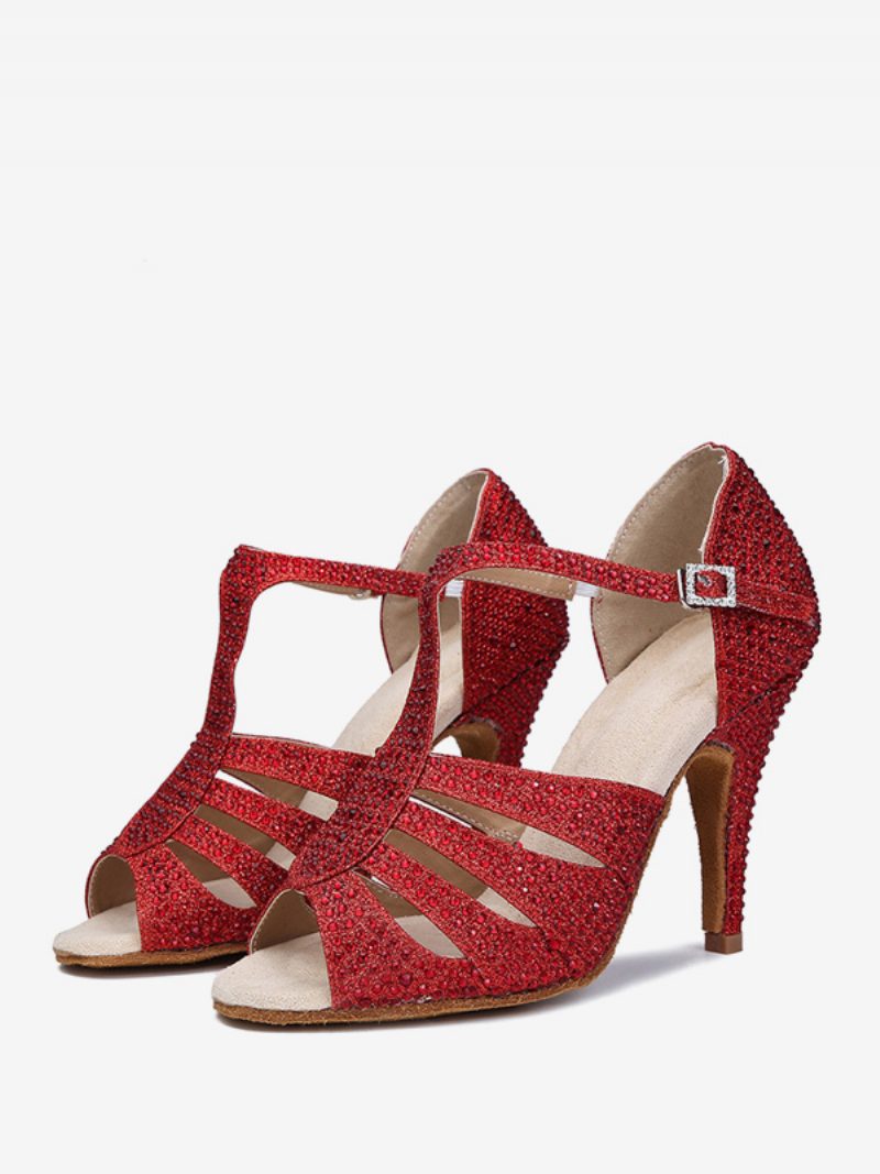 Damen-latein-tanzschuhe Pu-leder Rote Runde Zehenpartie Strass-tanzschuhe - Rot