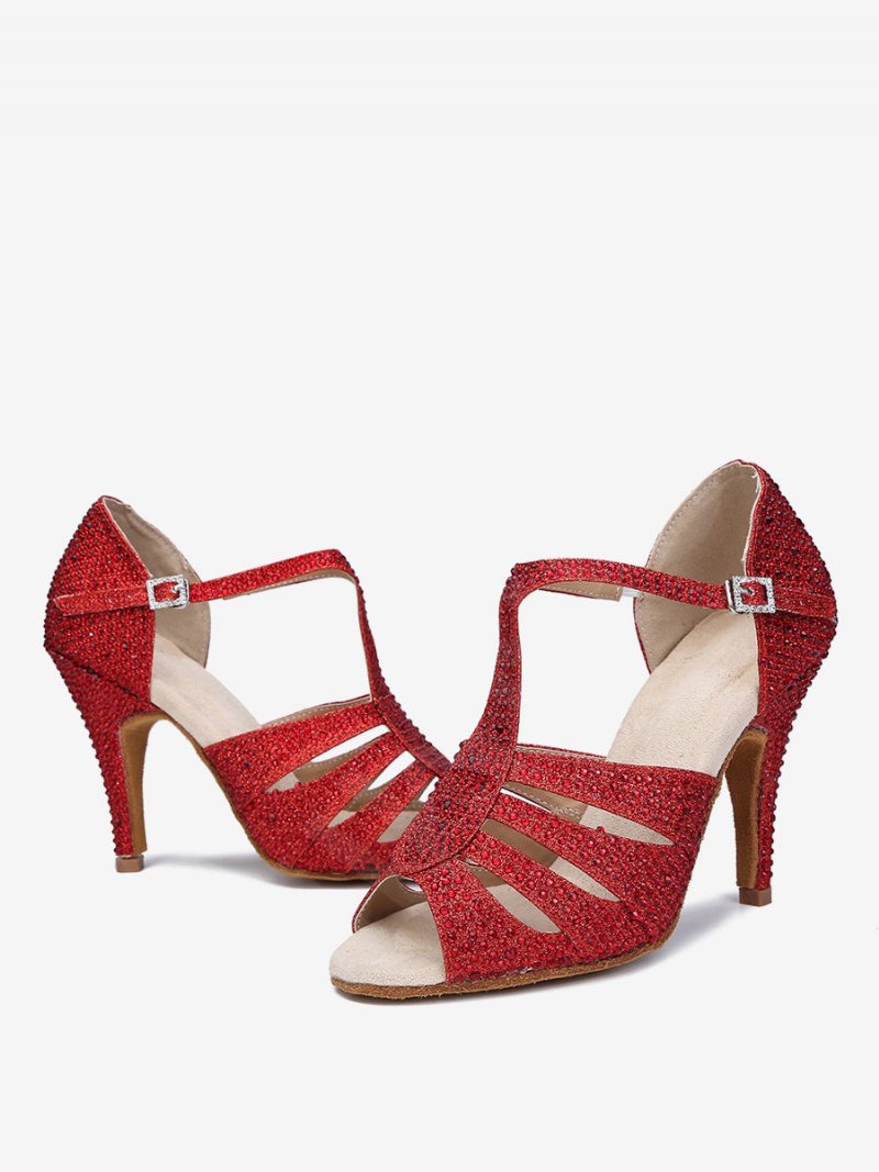 Damen-latein-tanzschuhe Pu-leder Rote Runde Zehenpartie Strass-tanzschuhe - Rot