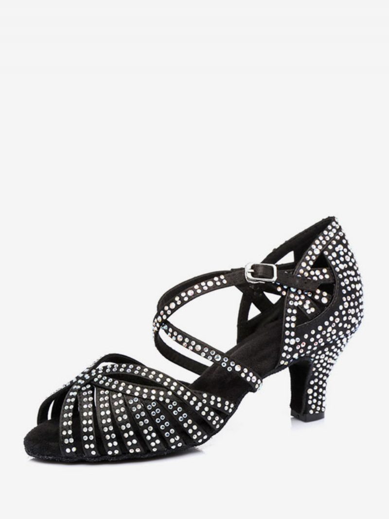 Damen-latein-tanzschuhe Satin Schwarze Runde Zehenpartie Strass-tanzschuhe