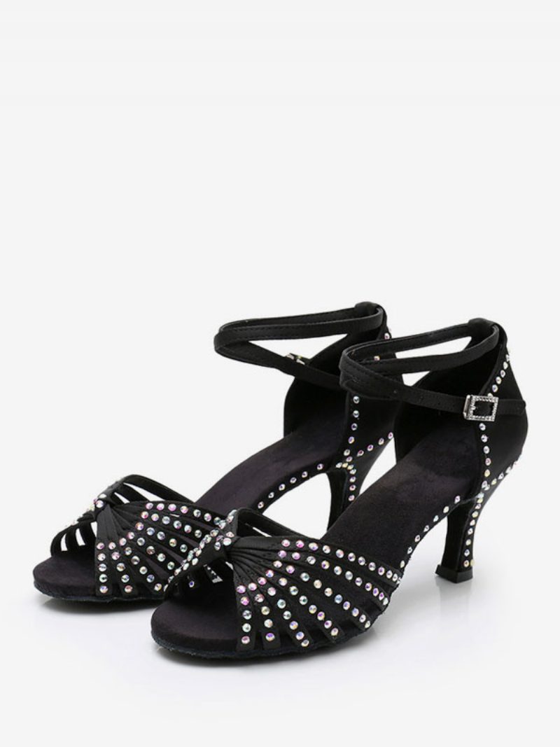 Damen-lateintanzschuhe Polyester Schwarze Runde Zehenpartie Strass-tanzschuhe - Schwarz