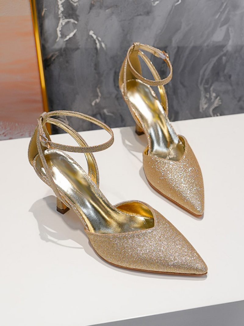 Damen-partyschuhe Mit Hohem Absatz Goldfarben Spitze Zehenpartie Strasssteine Abschlussballschuhe - Gold