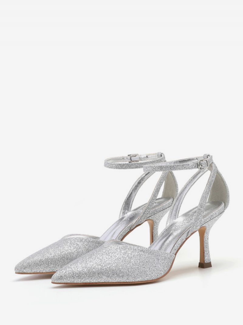 Damen-partyschuhe Mit Hohem Absatz Goldfarben Spitze Zehenpartie Strasssteine Abschlussballschuhe - Silber